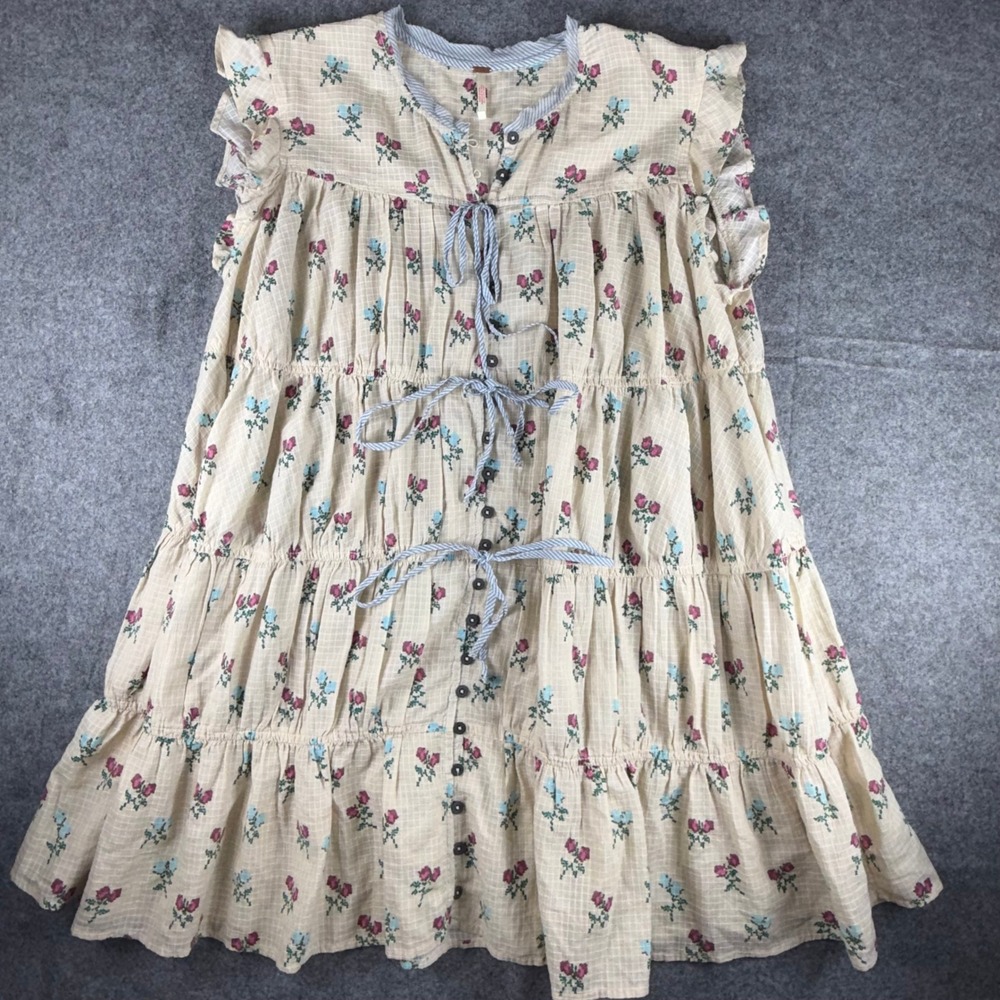 Free People Sundown Print Tunic Mini Dress Cream Pink Blue Size L